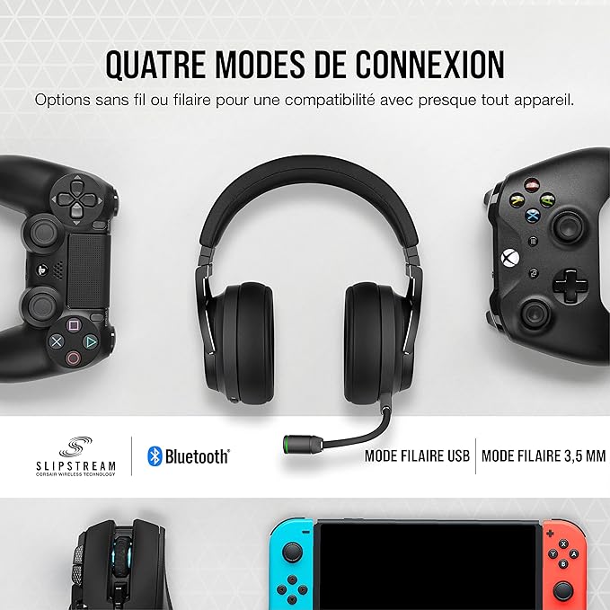 CORSAIR VIRTUOSO RGB WIRELESS XT Casque de Jeu Multiplateforme Avec Bluetooth - Dolby Atmos - Microphone Omnidirectionnel - Compatible iCUE - PC, Mac, PS5, PS4, Nintendo Switch, Mobile - Ardoise