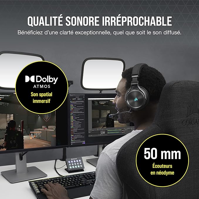 CORSAIR VIRTUOSO RGB WIRELESS XT Casque de Jeu Multiplateforme Avec Bluetooth - Dolby Atmos - Microphone Omnidirectionnel - Compatible iCUE - PC, Mac, PS5, PS4, Nintendo Switch, Mobile - Ardoise