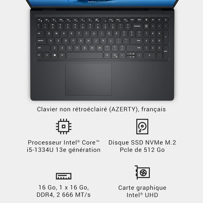 Dell 15 PC Portable DC15250 15,6" FHD (1920 x 1080) 120 Hz, Processeur Intel Core i5-1334U, Graphiques Intel UHD, 16 Go RAM, 512 Go SSD, Windows 11 Home, Clavier AZERTY