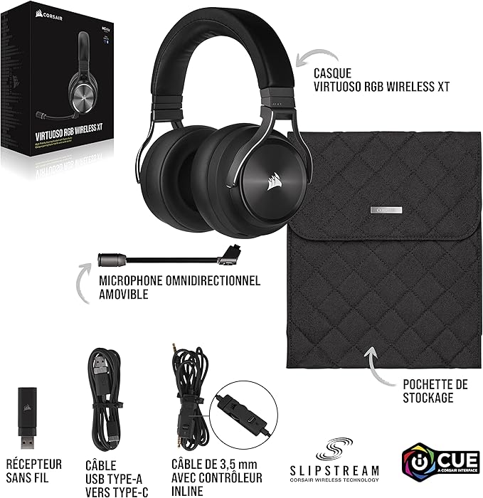CORSAIR VIRTUOSO RGB WIRELESS XT Casque de Jeu Multiplateforme Avec Bluetooth - Dolby Atmos - Microphone Omnidirectionnel - Compatible iCUE - PC, Mac, PS5, PS4, Nintendo Switch, Mobile - Ardoise